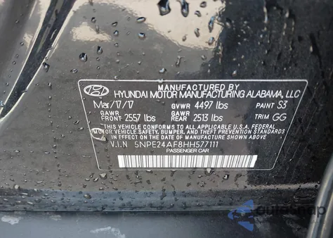 2017 Hyundai Sonata Se из США, поврежденный, VIN 5NPE24AF8HH577111